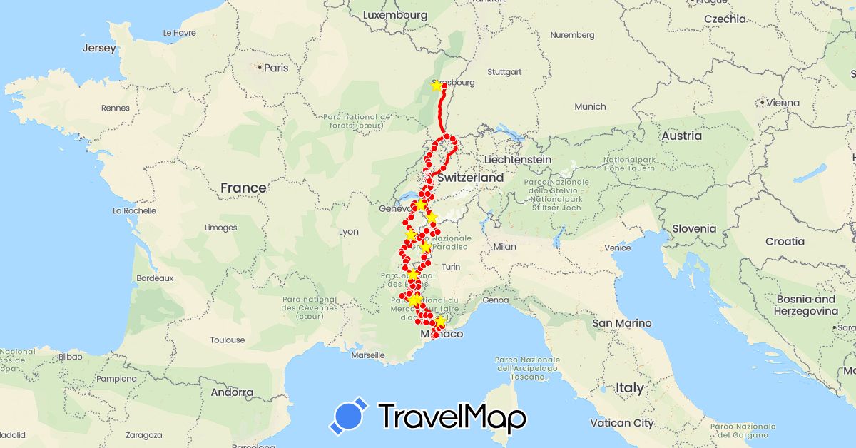 TravelMap itinerary: driving, mopped in Switzerland, France, Italy (Europe)